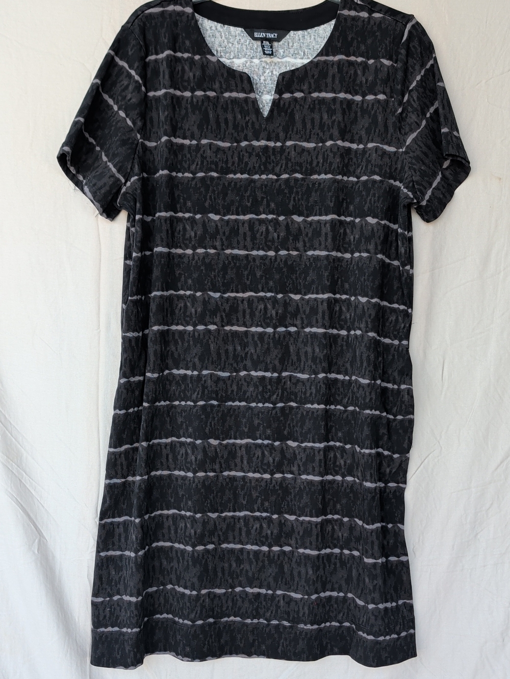 Ellen Tracy Black Dress with Light Gray Stripe Detail Cotton Knit Casual Resort